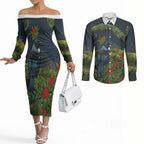 Rongoa Maori New Zealand Rata Couples Matching Off The Shoulder Long Sleeve Dress and Long Sleeve Button Shirt NZ Tui Bird Forest Vibes