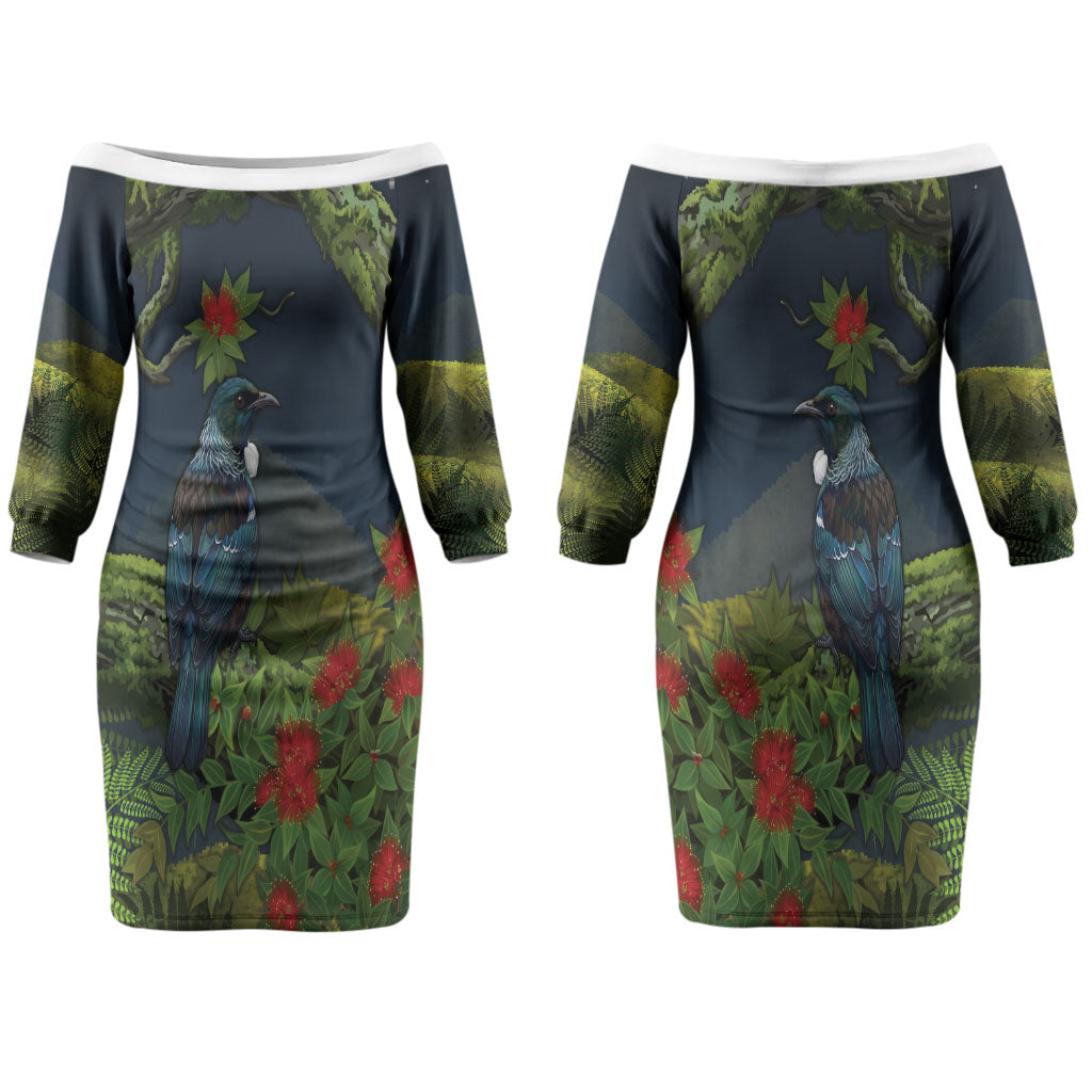 Rongoa Maori New Zealand Rata Couples Matching Off The Shoulder Long Sleeve Dress and Long Sleeve Button Shirt NZ Tui Bird Forest Vibes