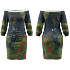 Rongoa Maori New Zealand Rata Couples Matching Off The Shoulder Long Sleeve Dress and Long Sleeve Button Shirt NZ Tui Bird Forest Vibes