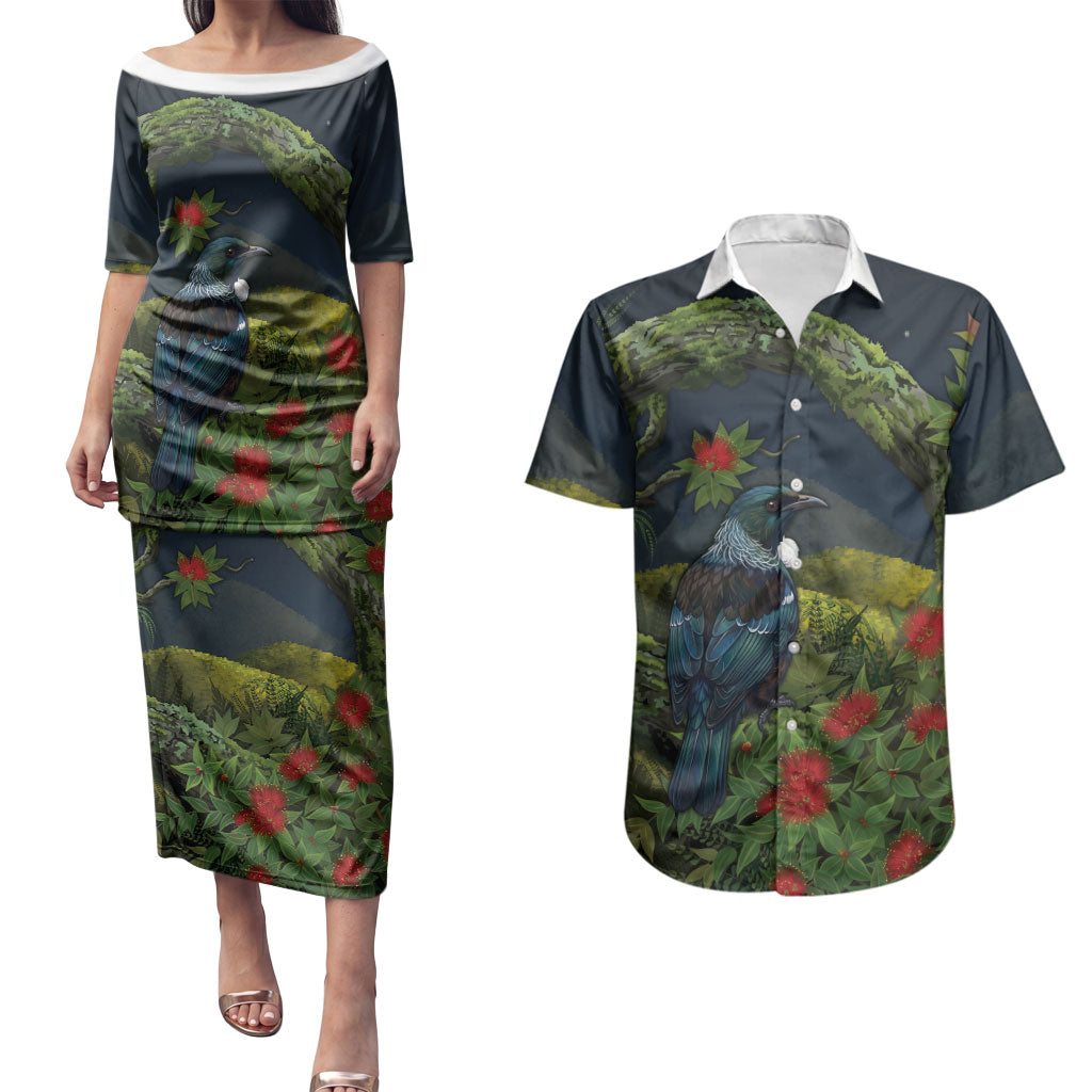 Rongoa Maori New Zealand Rata Couples Matching Puletasi and Hawaiian Shirt NZ Tui Bird Forest Vibes