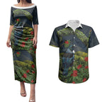 Rongoa Maori New Zealand Rata Couples Matching Puletasi and Hawaiian Shirt NZ Tui Bird Forest Vibes