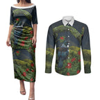 Rongoa Maori New Zealand Rata Couples Matching Puletasi and Long Sleeve Button Shirt NZ Tui Bird Forest Vibes
