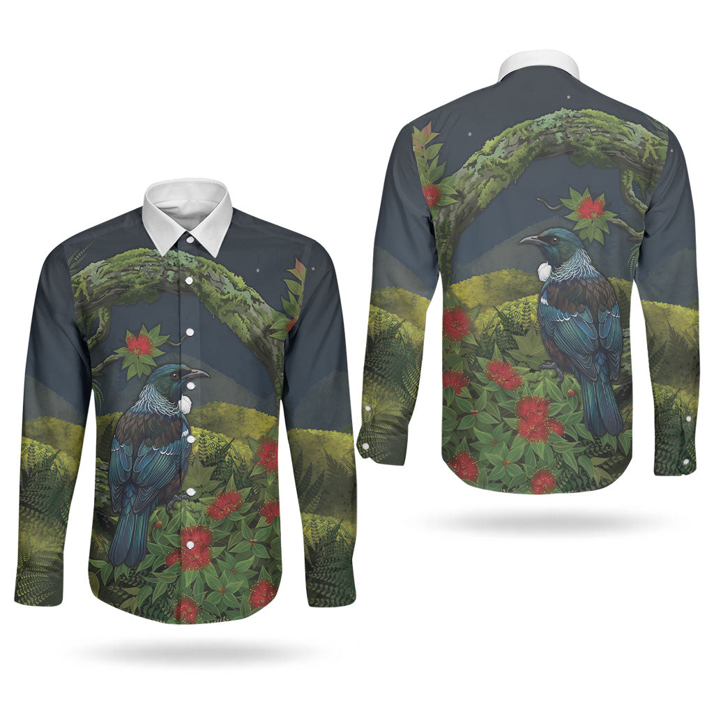 Rongoa Maori New Zealand Rata Couples Matching Puletasi and Long Sleeve Button Shirt NZ Tui Bird Forest Vibes