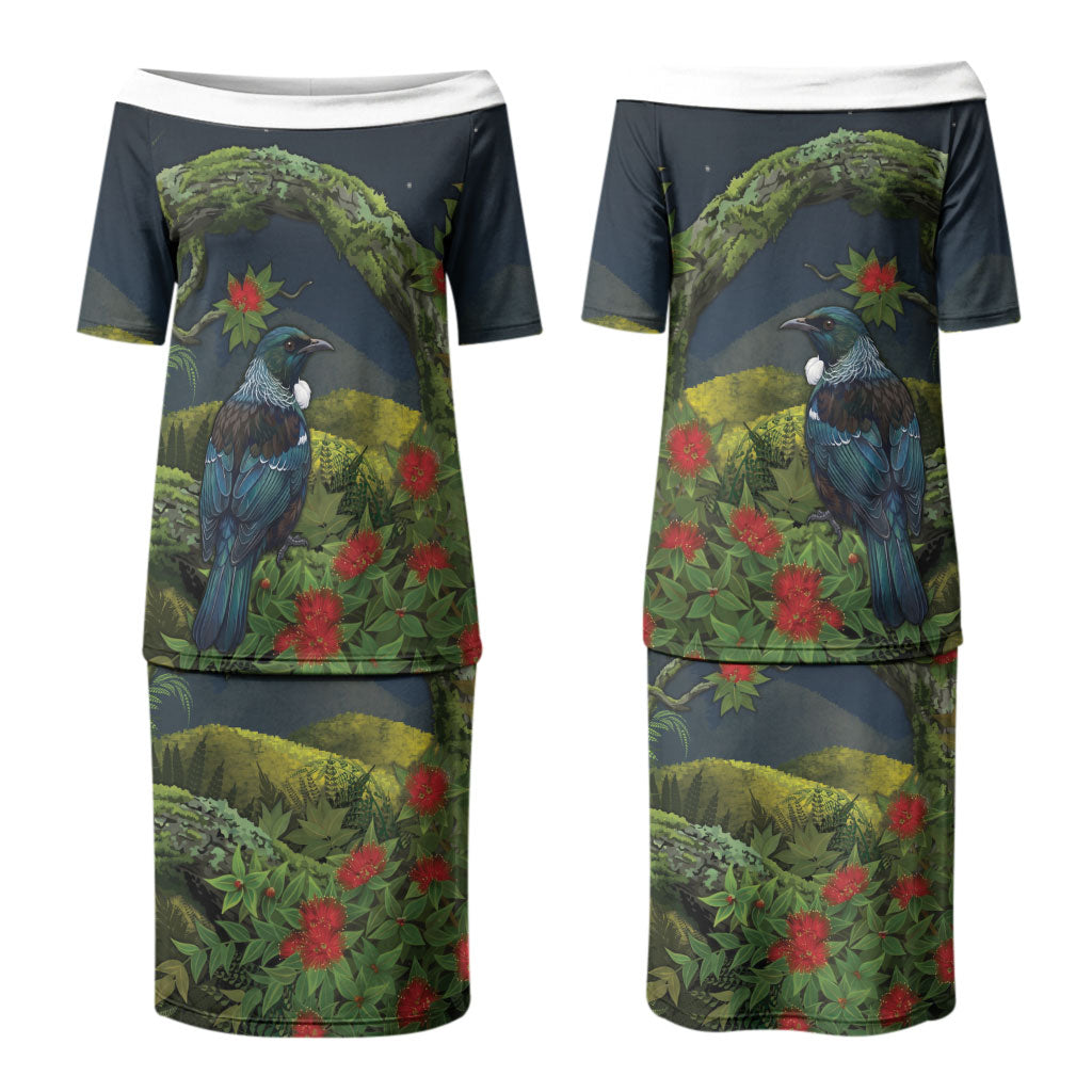 Rongoa Maori New Zealand Rata Couples Matching Puletasi and Long Sleeve Button Shirt NZ Tui Bird Forest Vibes