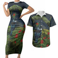 Rongoa Maori New Zealand Rata Couples Matching Short Sleeve Bodycon Dress and Hawaiian Shirt NZ Tui Bird Forest Vibes