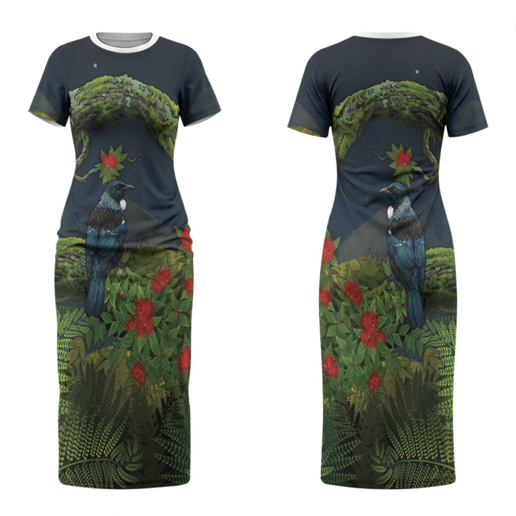 Rongoa Maori New Zealand Rata Couples Matching Short Sleeve Bodycon Dress and Hawaiian Shirt NZ Tui Bird Forest Vibes