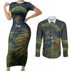 Rongoa Maori New Zealand Rata Couples Matching Short Sleeve Bodycon Dress and Long Sleeve Button Shirt NZ Tui Bird Forest Vibes