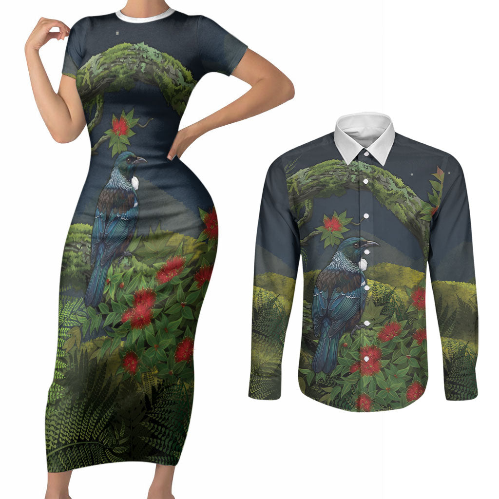 Rongoa Maori New Zealand Rata Couples Matching Short Sleeve Bodycon Dress and Long Sleeve Button Shirt NZ Tui Bird Forest Vibes