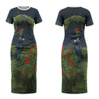 Rongoa Maori New Zealand Rata Couples Matching Short Sleeve Bodycon Dress and Long Sleeve Button Shirt NZ Tui Bird Forest Vibes