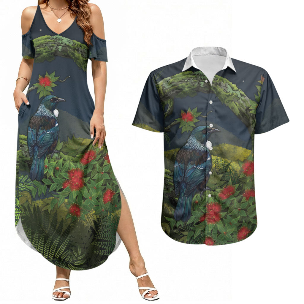 Rongoa Maori New Zealand Rata Couples Matching Summer Maxi Dress and Hawaiian Shirt NZ Tui Bird Forest Vibes