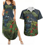Rongoa Maori New Zealand Rata Couples Matching Summer Maxi Dress and Hawaiian Shirt NZ Tui Bird Forest Vibes
