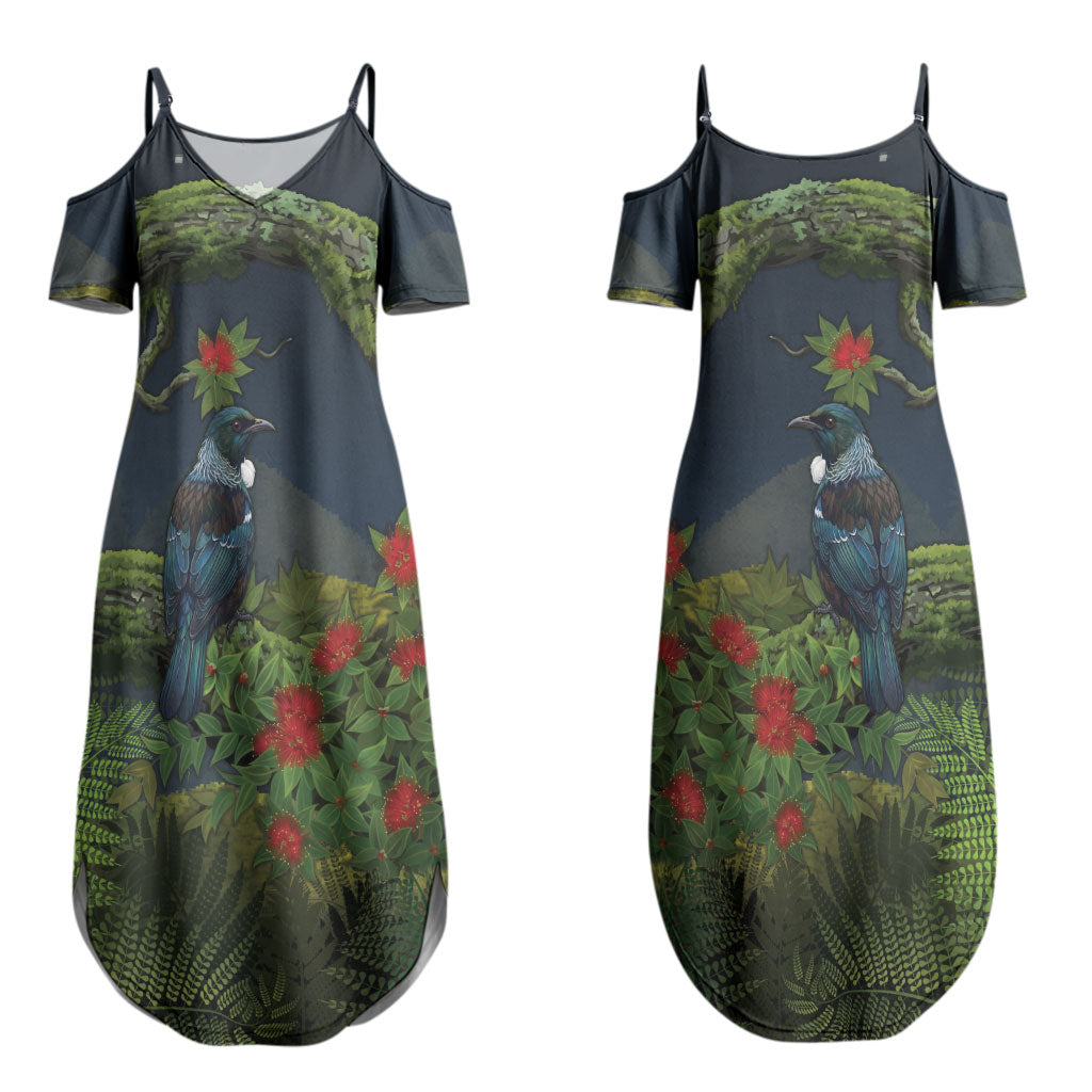 Rongoa Maori New Zealand Rata Couples Matching Summer Maxi Dress and Hawaiian Shirt NZ Tui Bird Forest Vibes