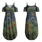 Rongoa Maori New Zealand Rata Couples Matching Summer Maxi Dress and Long Sleeve Button Shirt NZ Tui Bird Forest Vibes