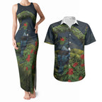 Rongoa Maori New Zealand Rata Couples Matching Tank Maxi Dress and Hawaiian Shirt NZ Tui Bird Forest Vibes