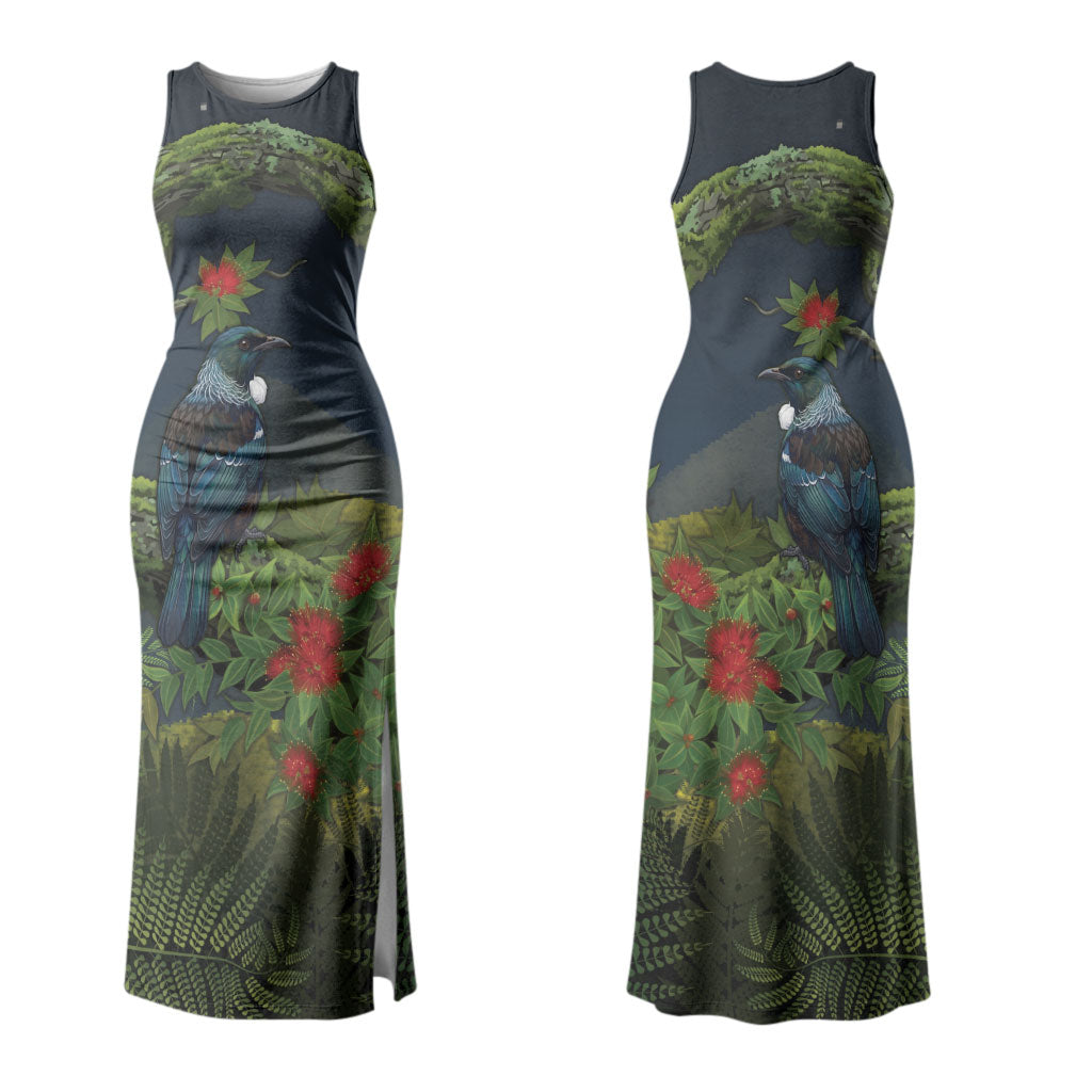Rongoa Maori New Zealand Rata Couples Matching Tank Maxi Dress and Hawaiian Shirt NZ Tui Bird Forest Vibes