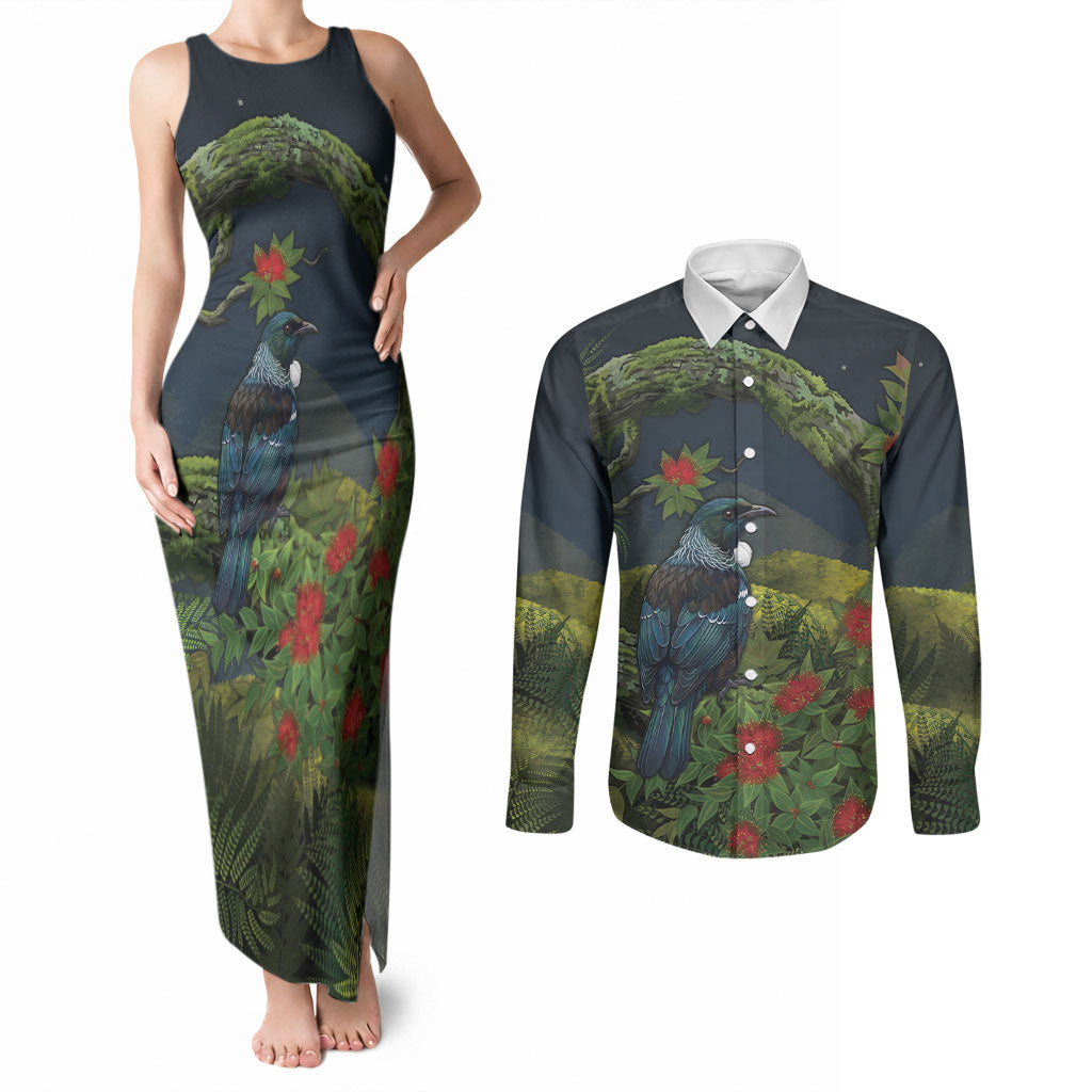 Rongoa Maori New Zealand Rata Couples Matching Tank Maxi Dress and Long Sleeve Button Shirt NZ Tui Bird Forest Vibes