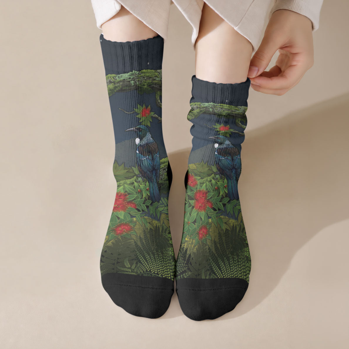 Rongoa Maori New Zealand Rata Crew Socks NZ Tui Bird Forest Vibes