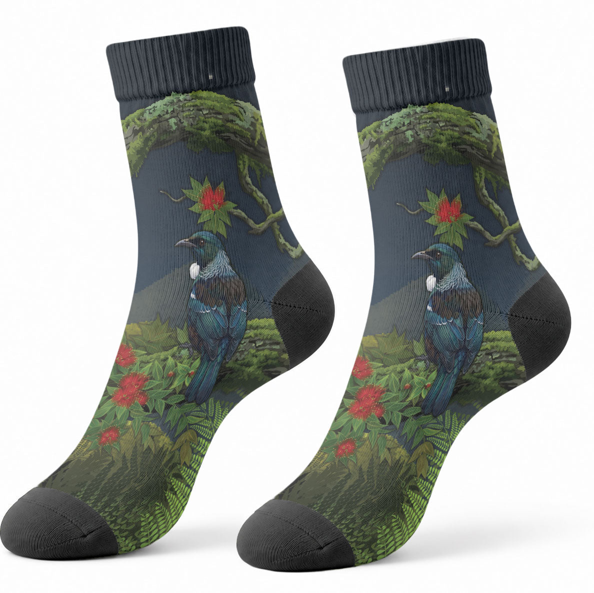 Rongoa Maori New Zealand Rata Crew Socks NZ Tui Bird Forest Vibes