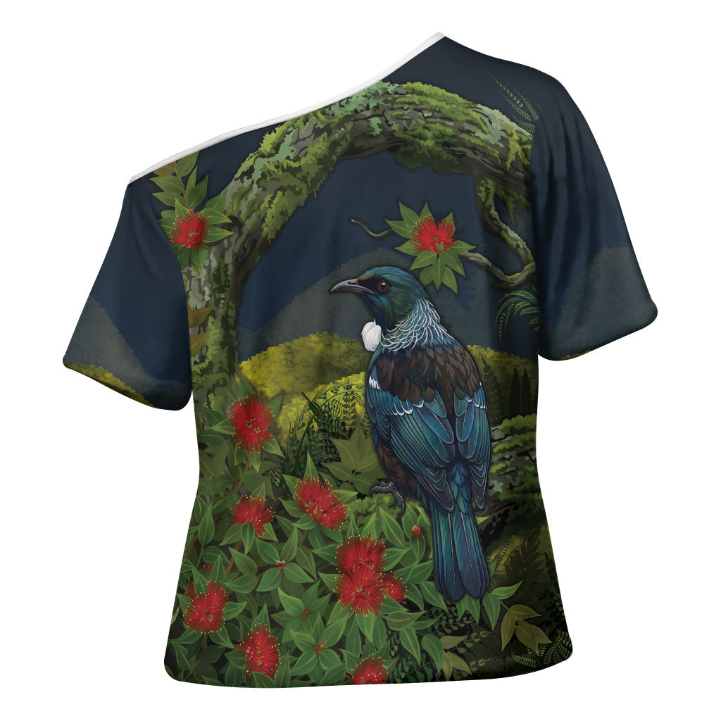 Rongoa Maori New Zealand Rata Cross Shoulder Shirt NZ Tui Bird Forest Vibes