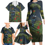 Rongoa Maori New Zealand Rata Family Matching Long Sleeve Bodycon Dress and Hawaiian Shirt NZ Tui Bird Forest Vibes