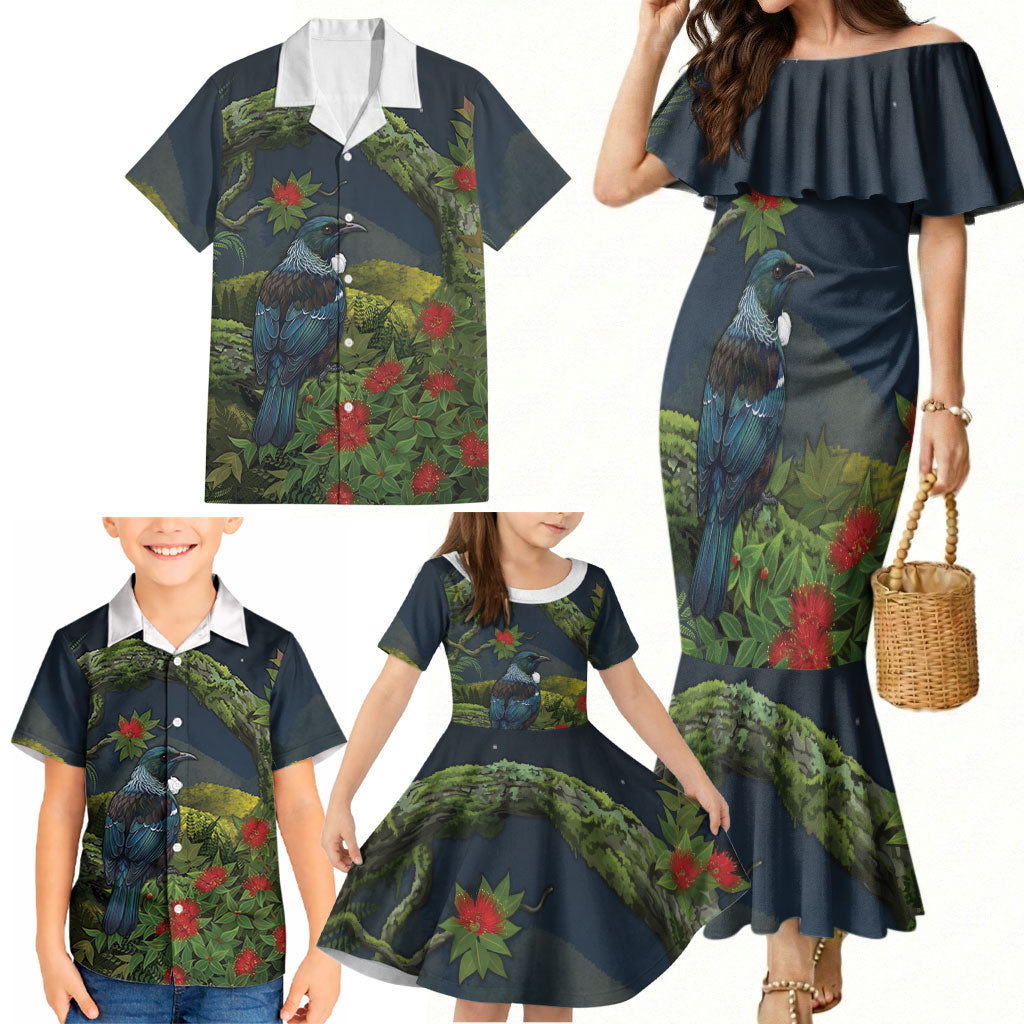 Rongoa Maori New Zealand Rata Family Matching Mermaid Dress and Hawaiian Shirt NZ Tui Bird Forest Vibes