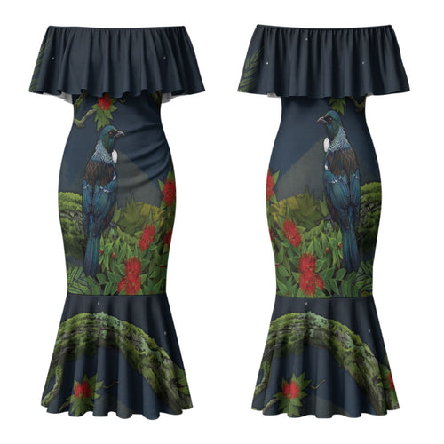 Rongoa Maori New Zealand Rata Family Matching Mermaid Dress and Hawaiian Shirt NZ Tui Bird Forest Vibes