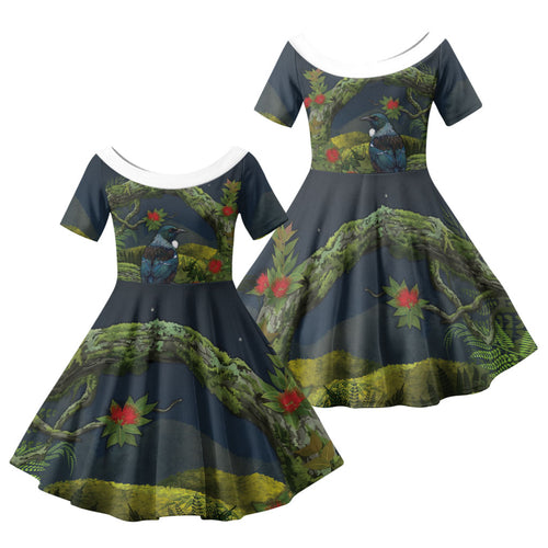 Rongoa Maori New Zealand Rata Family Matching Mermaid Dress and Hawaiian Shirt NZ Tui Bird Forest Vibes