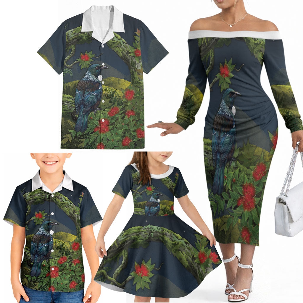 Rongoa Maori New Zealand Rata Family Matching Off The Shoulder Long Sleeve Dress and Hawaiian Shirt NZ Tui Bird Forest Vibes