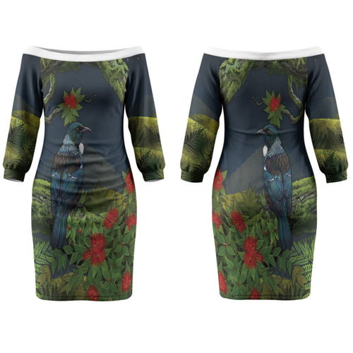 Rongoa Maori New Zealand Rata Family Matching Off The Shoulder Long Sleeve Dress and Hawaiian Shirt NZ Tui Bird Forest Vibes