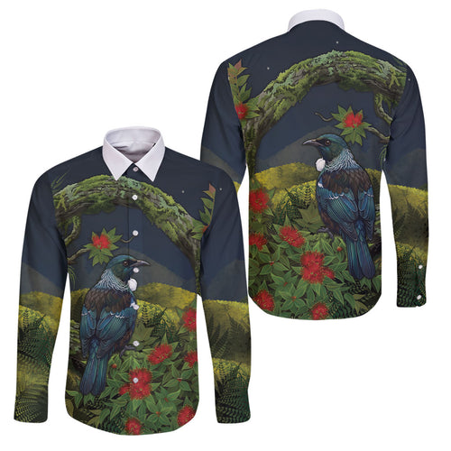 Rongoa Maori New Zealand Rata Family Matching Off The Shoulder Long Sleeve Dress and Hawaiian Shirt NZ Tui Bird Forest Vibes