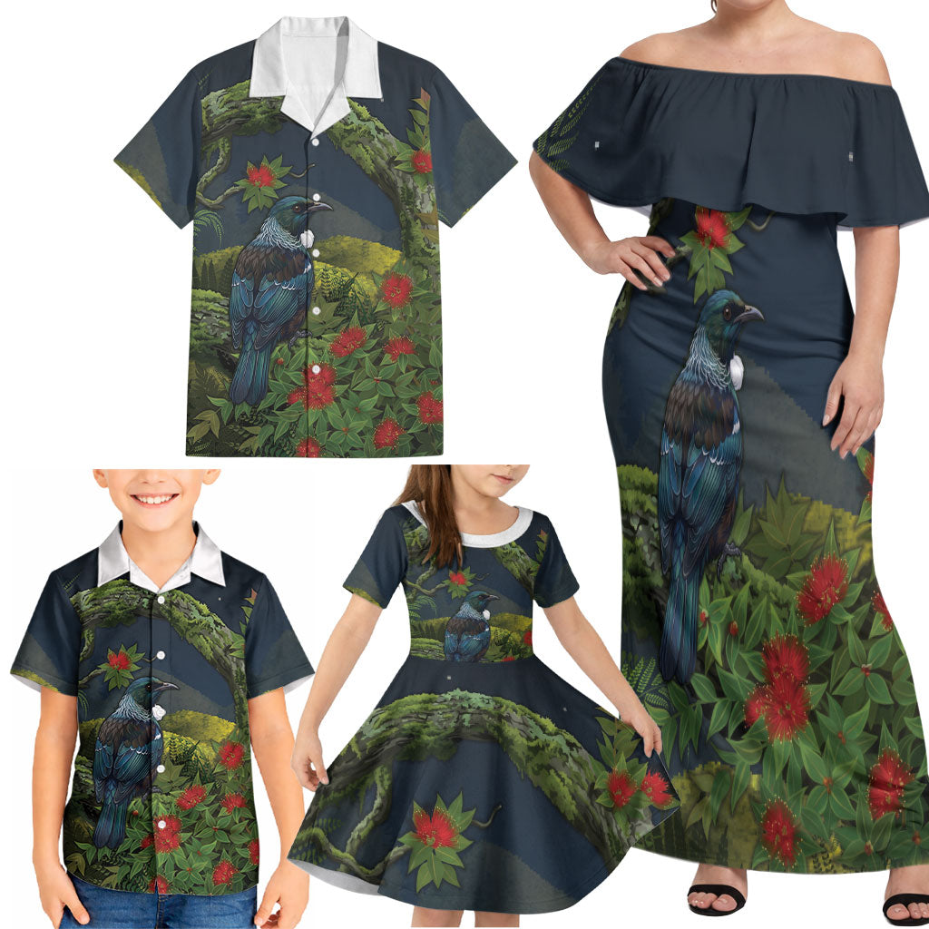 Rongoa Maori New Zealand Rata Family Matching Off Shoulder Maxi Dress and Hawaiian Shirt NZ Tui Bird Forest Vibes