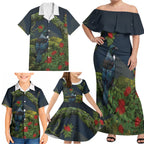 Rongoa Maori New Zealand Rata Family Matching Off Shoulder Maxi Dress and Hawaiian Shirt NZ Tui Bird Forest Vibes