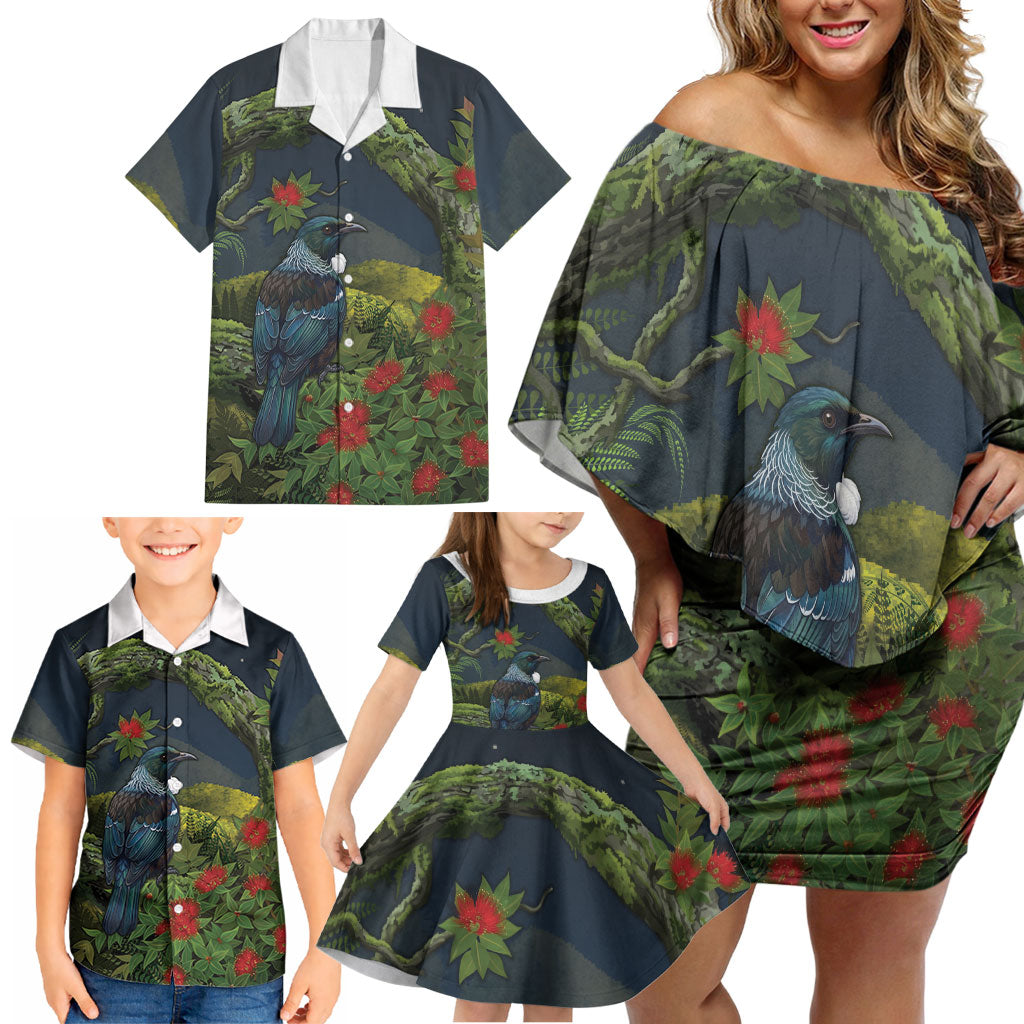 Rongoa Maori New Zealand Rata Family Matching Off Shoulder Short Dress and Hawaiian Shirt NZ Tui Bird Forest Vibes