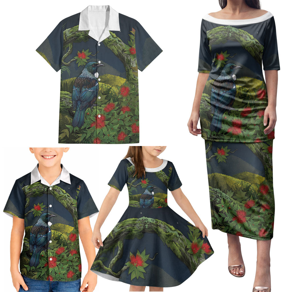 Rongoa Maori New Zealand Rata Family Matching Puletasi and Hawaiian Shirt NZ Tui Bird Forest Vibes