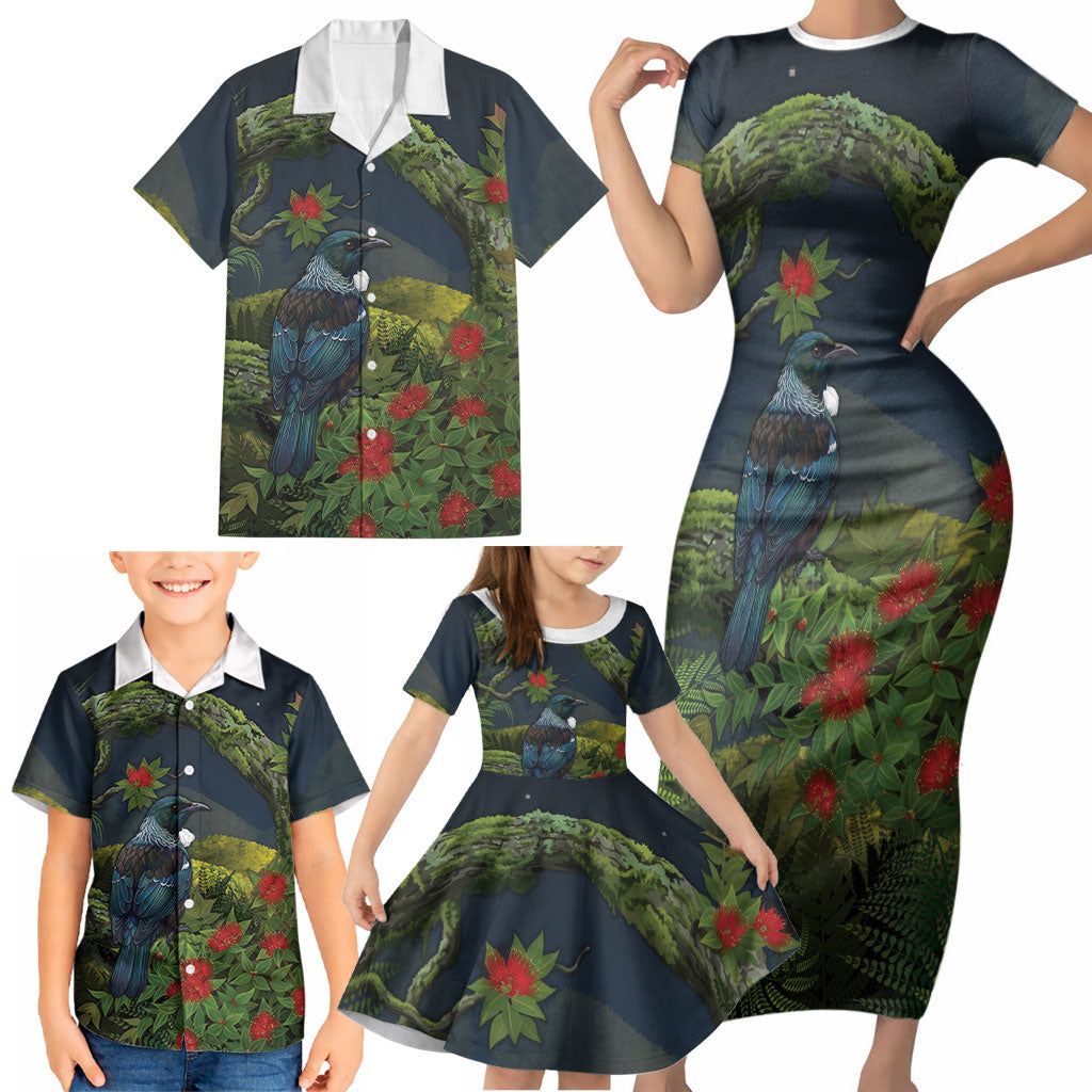 Rongoa Maori New Zealand Rata Family Matching Short Sleeve Bodycon Dress and Hawaiian Shirt NZ Tui Bird Forest Vibes