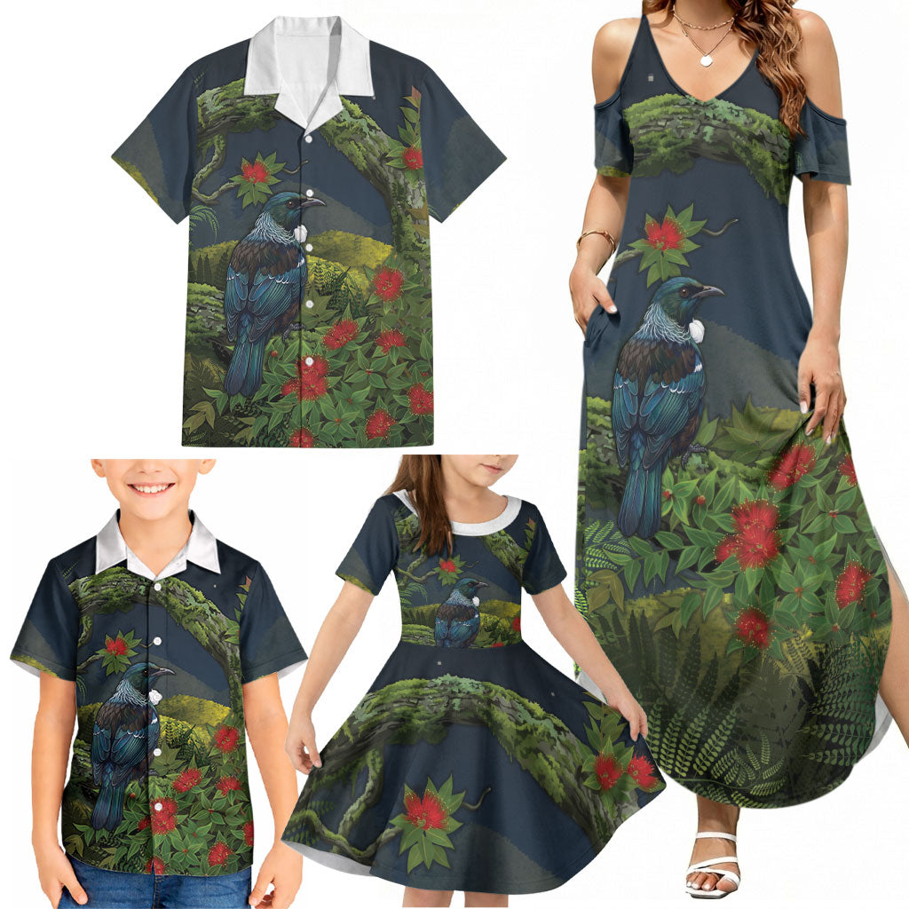 Rongoa Maori New Zealand Rata Family Matching Summer Maxi Dress and Hawaiian Shirt NZ Tui Bird Forest Vibes