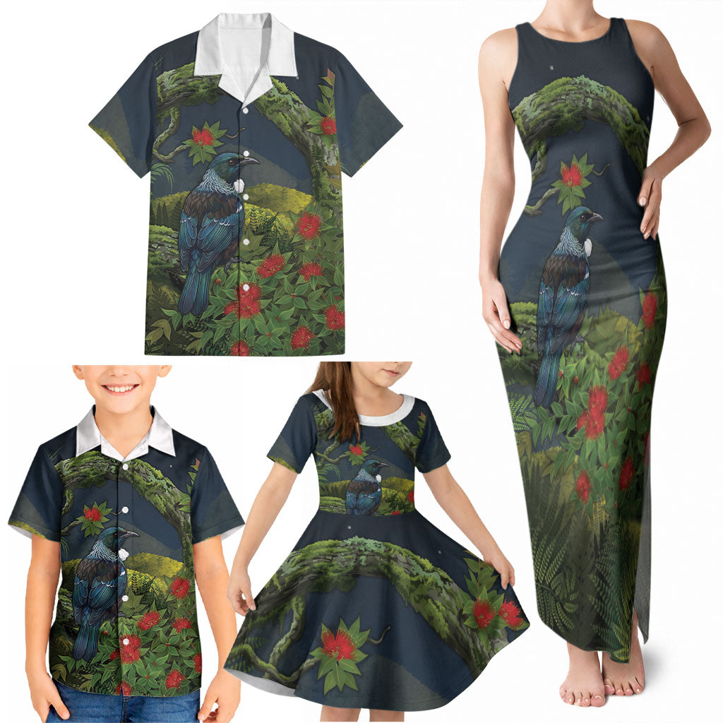 Rongoa Maori New Zealand Rata Family Matching Tank Maxi Dress and Hawaiian Shirt NZ Tui Bird Forest Vibes