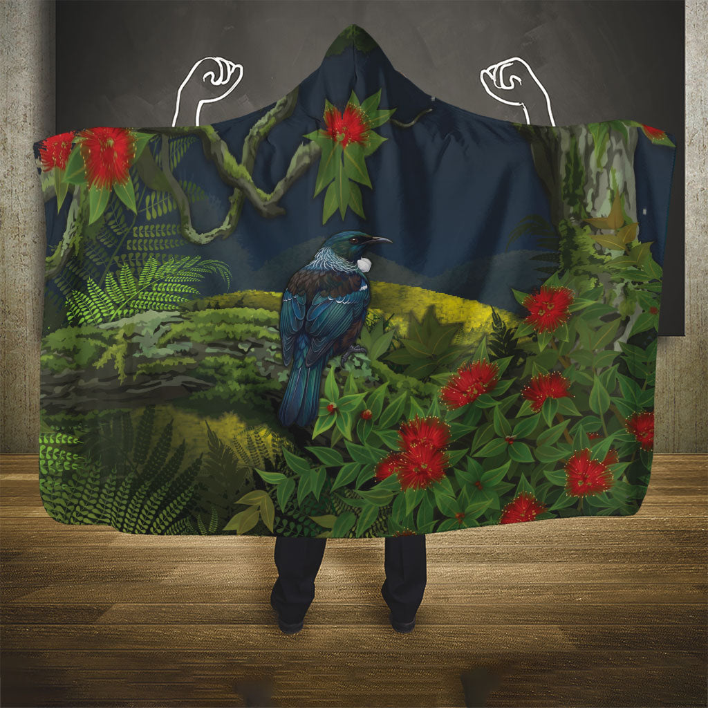 Rongoa Maori New Zealand Rata Hooded Blanket NZ Tui Bird Forest Vibes