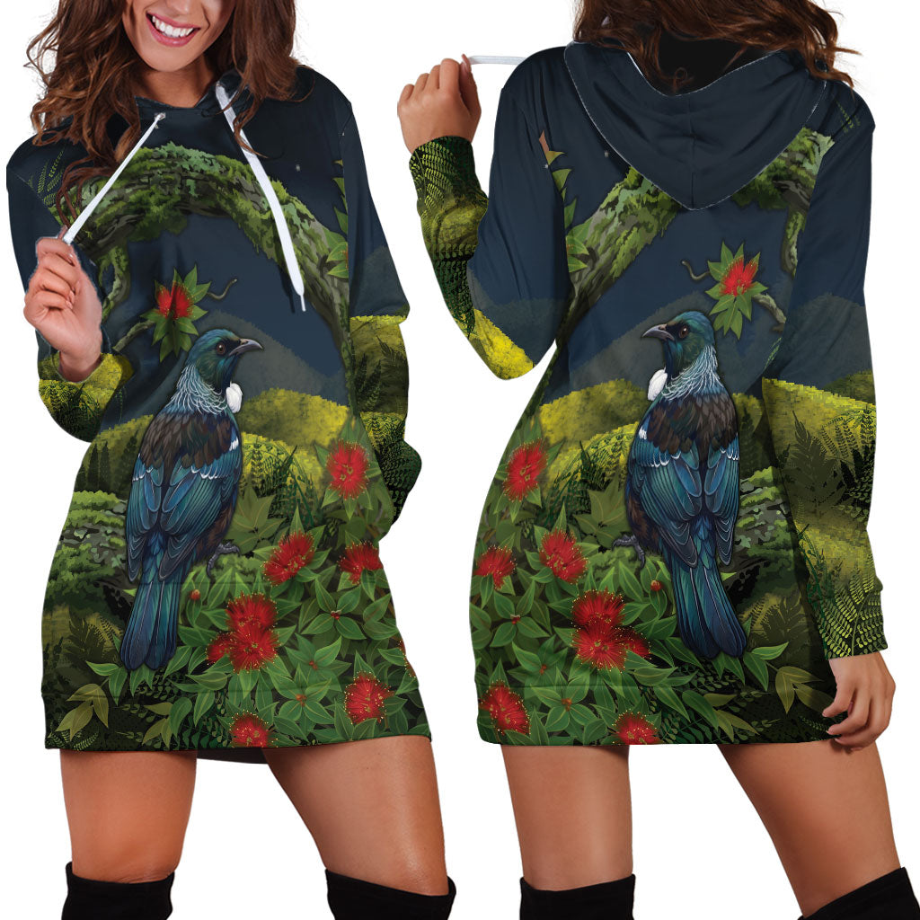Rongoa Maori New Zealand Rata Hoodie Dress NZ Tui Bird Forest Vibes