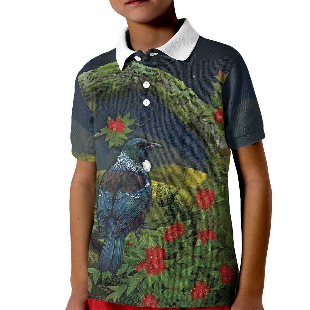 Rongoa Maori New Zealand Rata Kid Polo Shirt NZ Tui Bird Forest Vibes