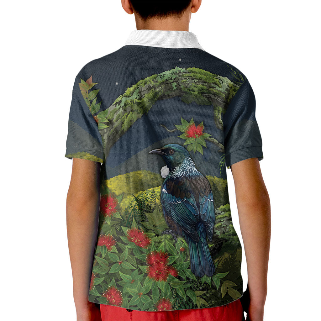 Rongoa Maori New Zealand Rata Kid Polo Shirt NZ Tui Bird Forest Vibes