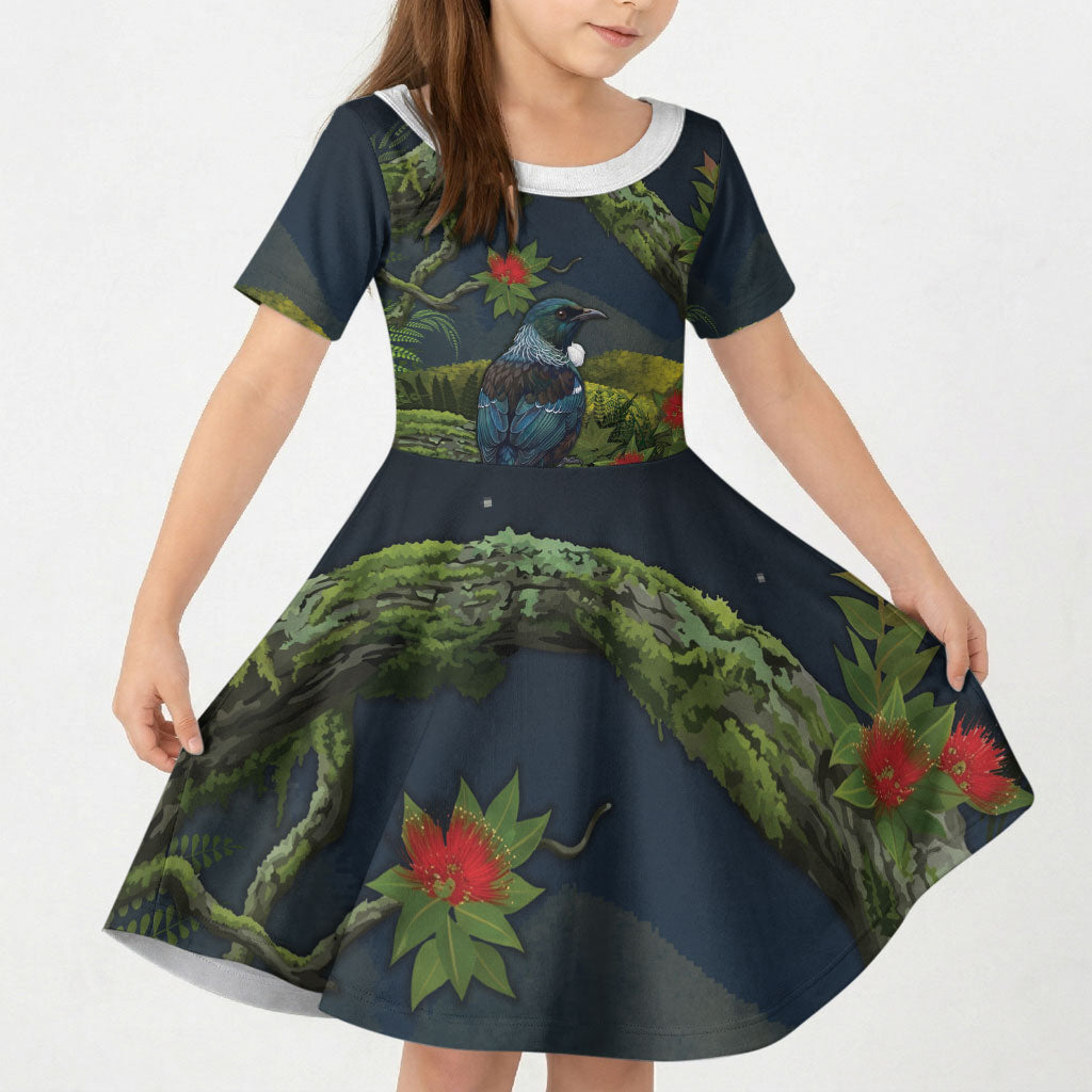 Rongoa Maori New Zealand Rata Kid Short Sleeve Dress NZ Tui Bird Forest Vibes