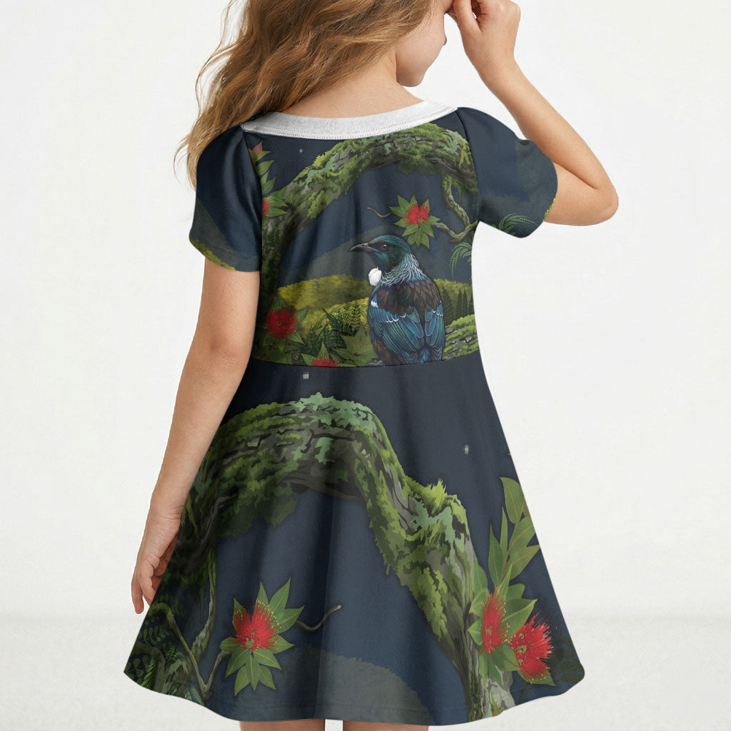 Rongoa Maori New Zealand Rata Kid Short Sleeve Dress NZ Tui Bird Forest Vibes