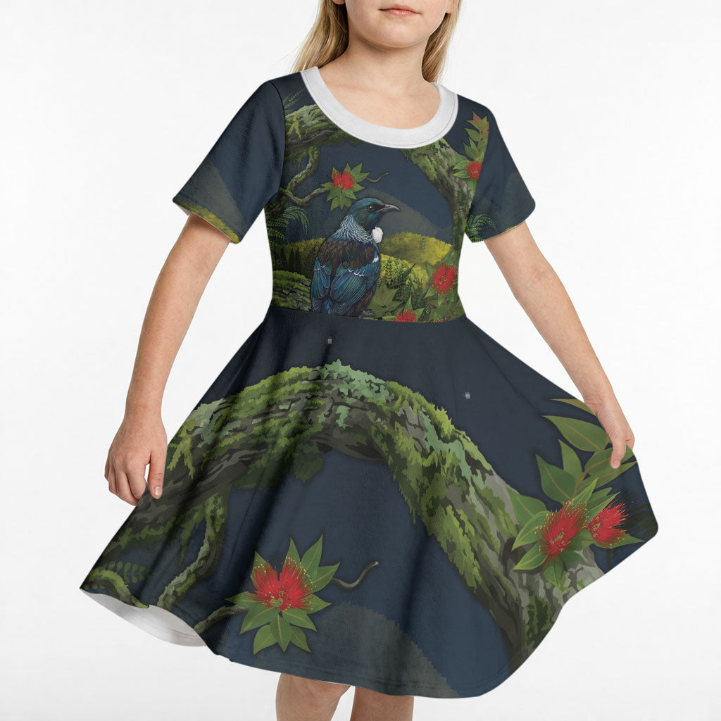Rongoa Maori New Zealand Rata Kid Short Sleeve Dress NZ Tui Bird Forest Vibes