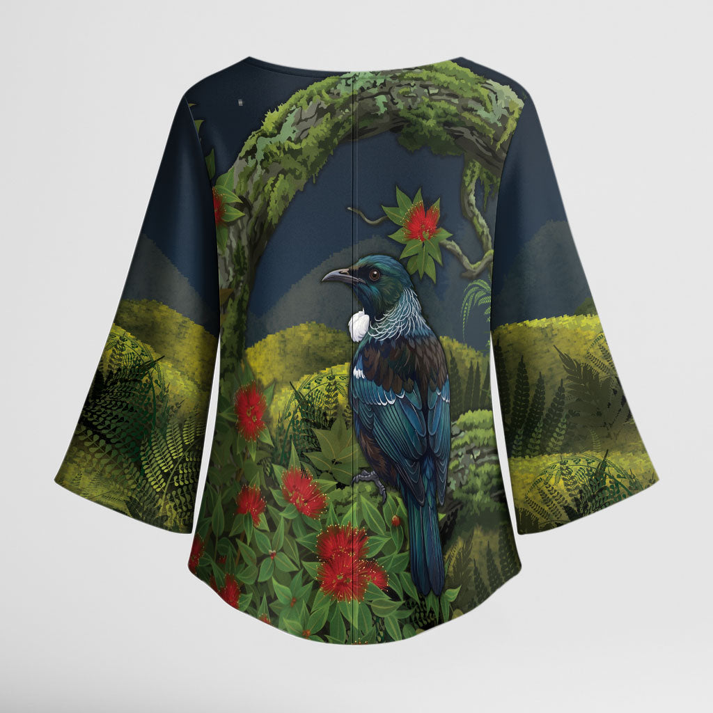 Rongoa Maori New Zealand Rata Kimono Sleeve Blouse NZ Tui Bird Forest Vibes
