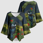 Rongoa Maori New Zealand Rata Kimono Sleeve Blouse NZ Tui Bird Forest Vibes
