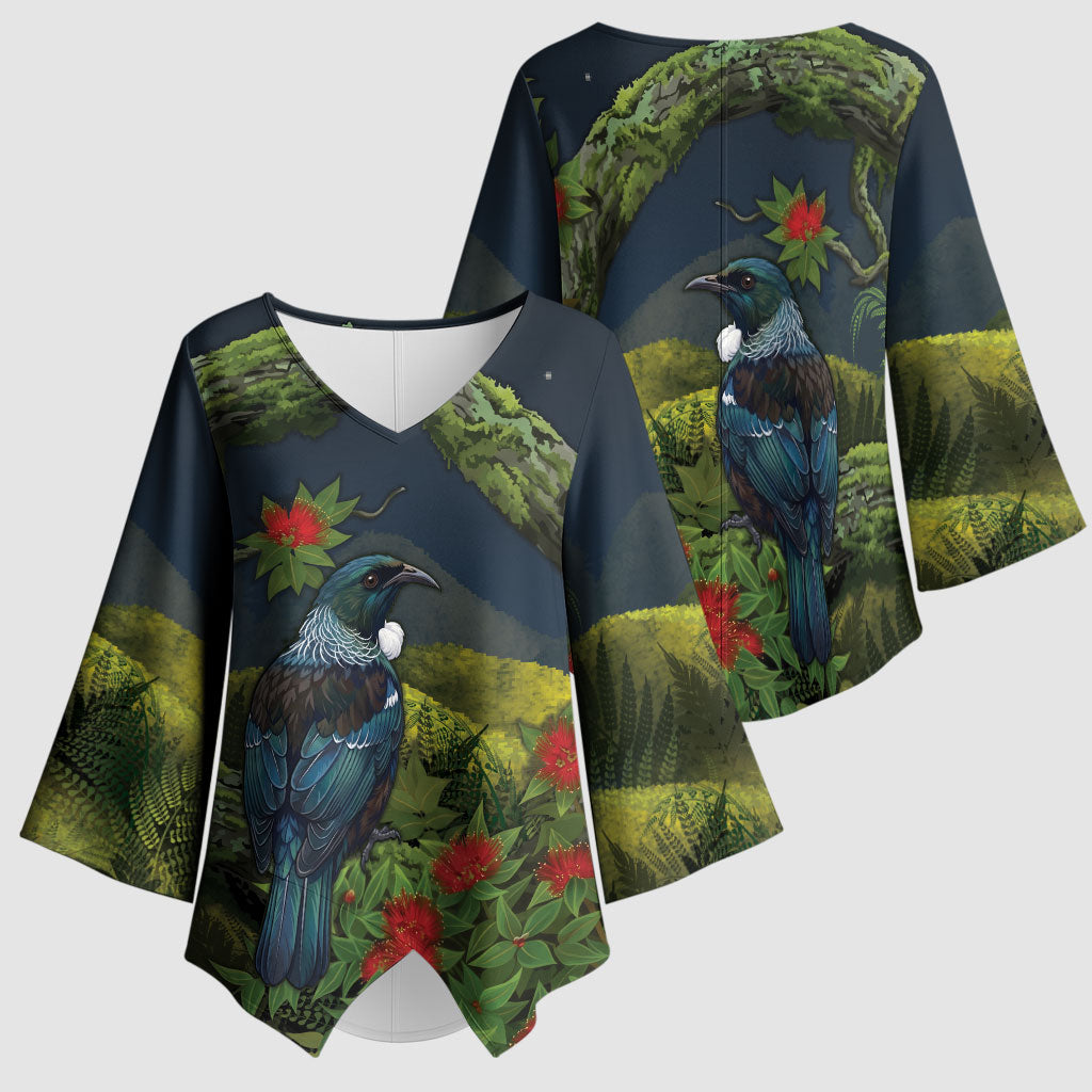 Rongoa Maori New Zealand Rata Kimono Sleeve Blouse NZ Tui Bird Forest Vibes