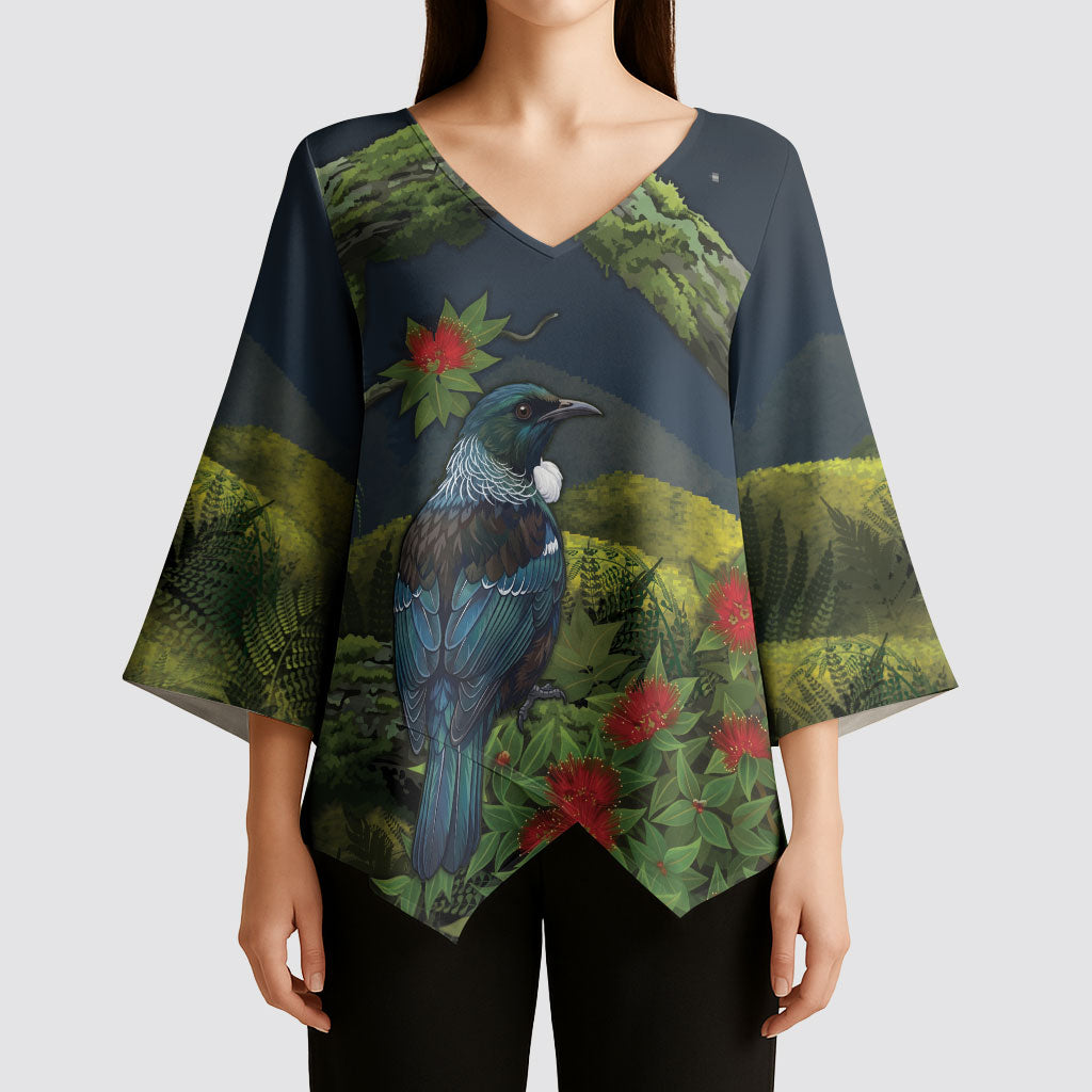 Rongoa Maori New Zealand Rata Kimono Sleeve Blouse NZ Tui Bird Forest Vibes