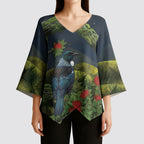 Rongoa Maori New Zealand Rata Kimono Sleeve Blouse NZ Tui Bird Forest Vibes