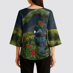 Rongoa Maori New Zealand Rata Kimono Sleeve Blouse NZ Tui Bird Forest Vibes